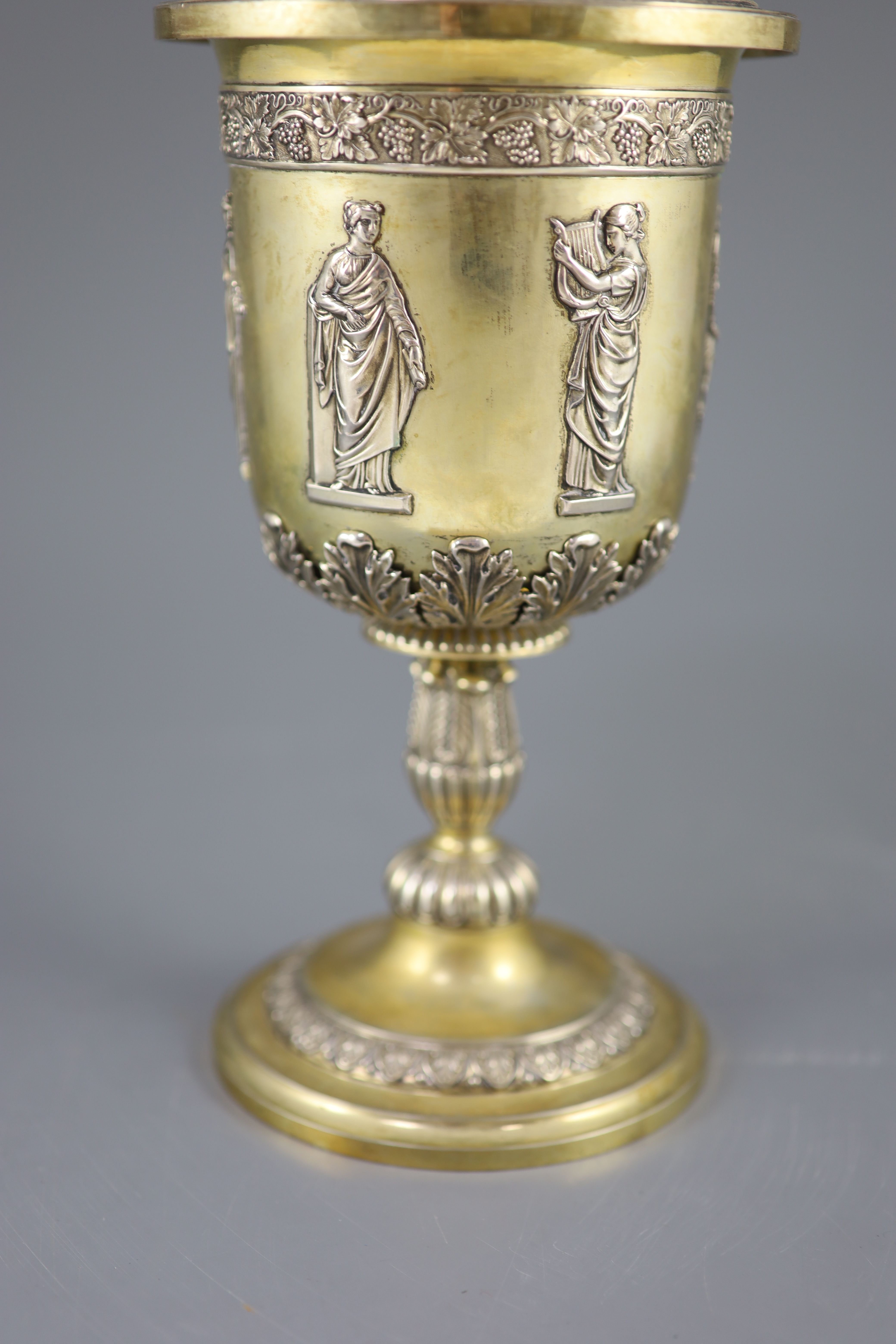 A late 19th/early 20th century German parcel gilt 800 standard presentation pedestal cup and cover, by Wollenweber,